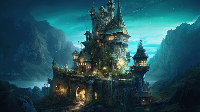 Ancient and towering wizard's tower perched on a craggy cliff. Envision its mysterious interiors filled with arcane books, magical artifacts, and swirling portals, as the resident wizard conducts thei