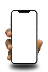Black hand holding phone facing camera isolated on transparent background. blank screen, phone screen mockup, front view, clipping path, mask, set