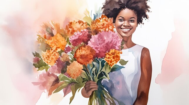 abstract watercolor painting of a woman holding a large bouquet of summer flowers, generative AI 