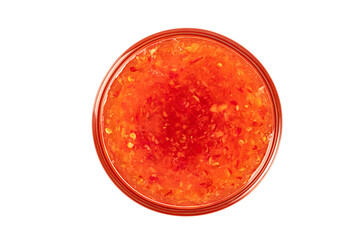 Dipping sauce . Sweet chili sauce in glass bowl isolated on white background.