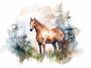 A Minimal Watercolor Painting of a Horse in Nature with a White Background | Generative AI