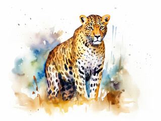 A Minimal Watercolor Painting of a Leopard in Nature with a White Background | Generative AI