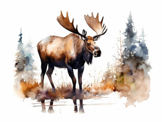 A Minimal Watercolor Painting of a Moose in Nature with a White Background | Generative AI