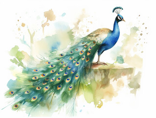 A Minimal Watercolor Painting of a Peacock in Nature with a White Background | Generative AI