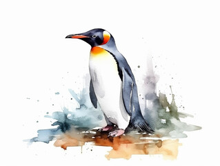 A Minimal Watercolor Painting of a Penguin in Nature with a White Background | Generative AI
