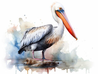A Minimal Watercolor Painting of a Pelican in Nature with a White Background | Generative AI