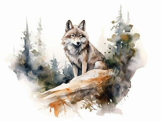 A Minimal Watercolor Painting of a Wolf in Nature with a White Background | Generative AI