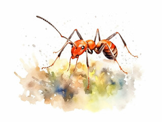 A Minimal Watercolor Painting of an Ant in Nature with a White Background | Generative AI