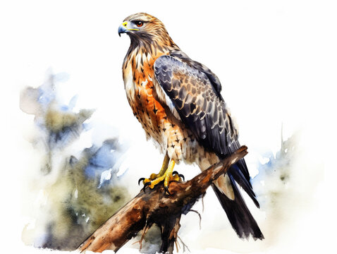 A Minimal Watercolor Painting of a Hawk in Nature with a White Background | Generative AI
