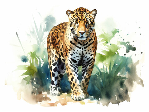 A Minimal Watercolor Painting of a Jaguar in Nature with a White Background | Generative AI
