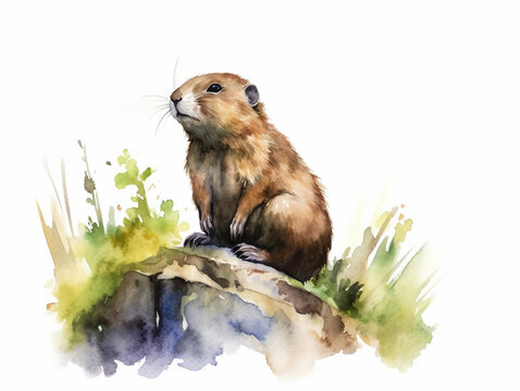 A Minimal Watercolor Painting of a Lemming in Nature with a White Background | Generative AI