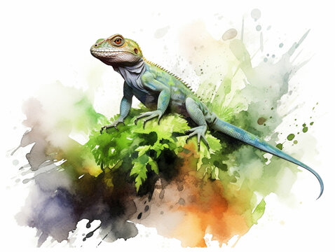 A Minimal Watercolor Painting of a Lizard in Nature with a White Background | Generative AI