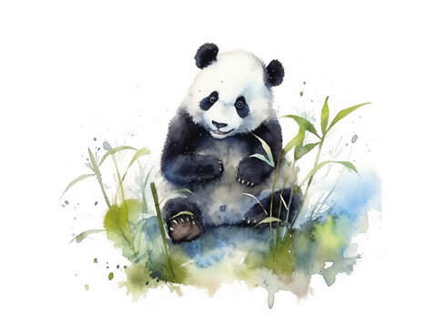 A Minimal Watercolor Painting of a Panda in Nature with a White Background | Generative AI
