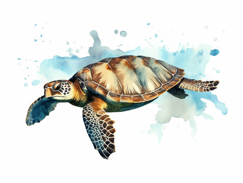 A Minimal Watercolor Painting of a Sea Turtle in Nature with a White Background | Generative AI
