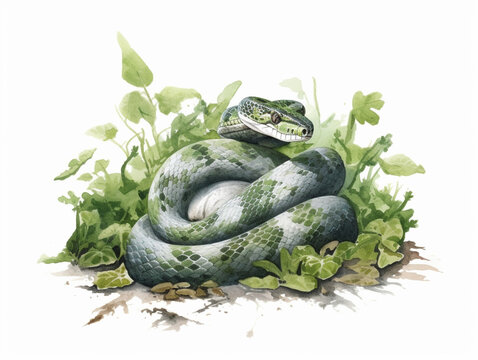 A Minimal Watercolor Painting of a Snake in Nature with a White Background | Generative AI