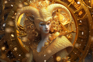 Zodiac sign of Capricorn as woman, fantasy golden female image, generative AI. - obrazy, fototapety, plakaty