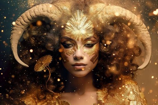 Zodiac sign of Aries as woman, fantasy golden female image, generative AI.