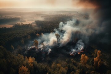 Aerial view of raging wildfires decimating vast woodland expanses. Generative AI