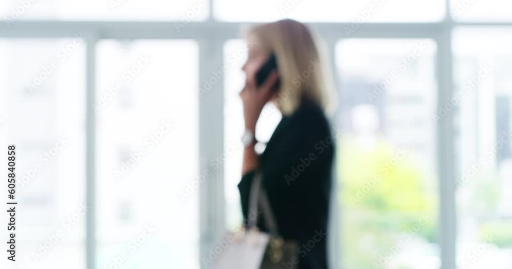 Leinwandbilder business woman, phone call and walk in corridor at office with blurred background with mock up space