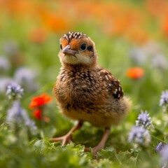 Adorable Reeve's Pheasant Chick Exploring Meadow with Spring Blossoms