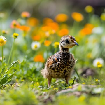 Adorable Reeve's Pheasant Chick Exploring Meadow with Spring Blossoms