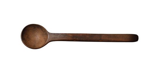 Dark brown wooden spoon isolated cutout on transparent