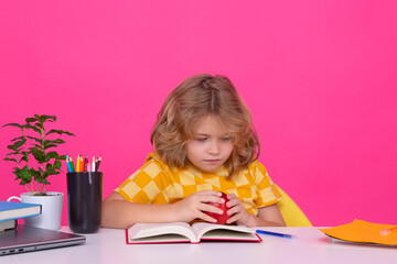School kid reading book. School kid student learning, study language or literature at school....