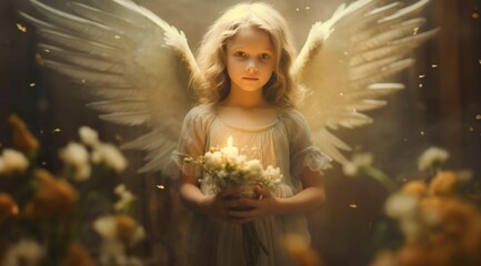 Beautiful blond haired angel little girl holds a bouquet of flowers and candle, white feather wings, flowers