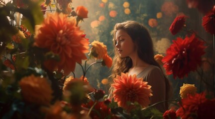 Beautiful brunette lady on the background of a lot of flowers, red and yellow