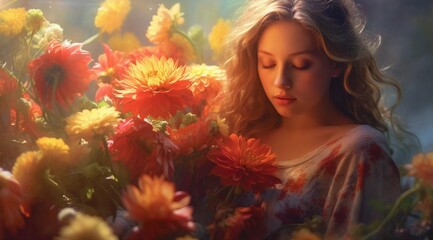 Beautiful blond lady smelling flowers with closed eyes