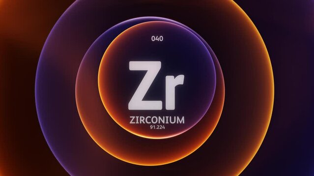 Zirconium as Element 40 of the Periodic Table. Concept animation on abstract blue orange gradient rings seamless loop background. Title design for science content and infographic showcase backdrop.