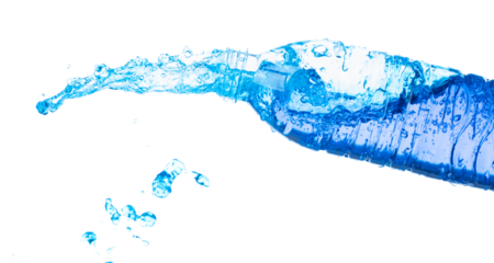 Drinking Water in Plastic Bottle fall fly in mid air, fresh water plastic bottle floating explosion. Fresh water plastic bottles pour throw in air. White background isolated freeze motion high speed