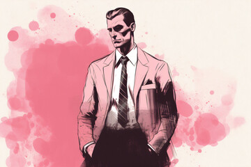 Fototapeta premium A drawing of a man in a pink suit and tie Generative Ai