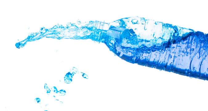 Drinking Water in Plastic Bottle fall fly in mid air, fresh water plastic bottle floating explosion. Fresh water plastic bottles pour throw in air. White background isolated freeze motion high speed