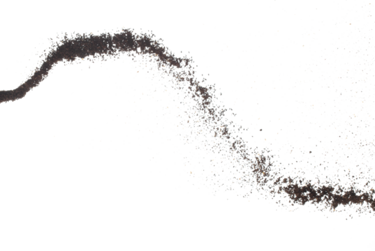 Coffee powder fly explosion, Coffee crushed ground float pouring, wave like smoke smell. Coffee ground powder splash throwing in mid Air. White background Isolated high speed shutter, freeze motion