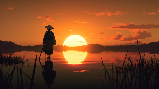A man wearing a sedge hat in a rice field at the sunset Generative Ai