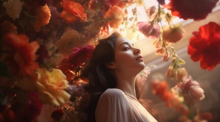 Beautiful brunette lady looking up in front of flowers, red flowers