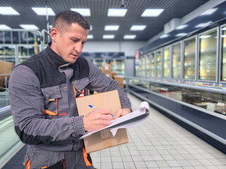 Supermarket worker. Man merchandiser. Grocery store employee. Working with clipboard and box. Supermarket worker fills out order form. Collector goods in supermarket. Man merchandiser in gray uniform - obrazy, fototapety, plakaty
