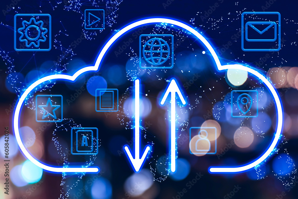 Poster web hosting. digital cloud with arrows surrounded by icons against blurred background