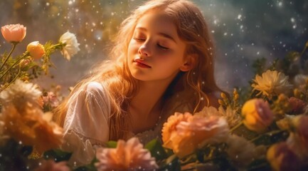 Beautiful blonde little girl with closed eyes revels in floral scented flowers 