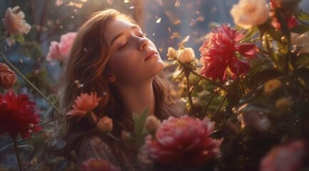 Beautiful brunette woman with closed eyes revels in floral scented flowers 