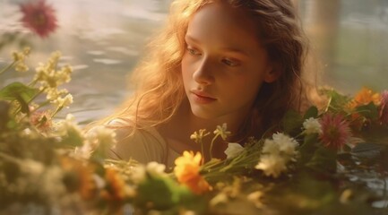 Fototapeta premium Beautiful brunette woman staring ahead, many bouquets of flowers