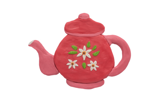 A red teapot with flowers on it, handmade with plasticine, on white background - Powered by Adobe