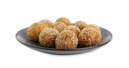 Plate of delicious sesame balls on white background