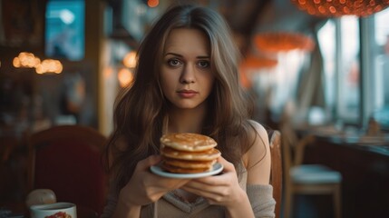 Young woman with pancakes - close-up people photography - made with Generative AI tools