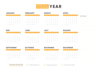 Calendar 2024, Calendar 2024 - Week Starts Sunday. One Page Horizontal 2024 Calendar Planner Template. Place for Notes.
