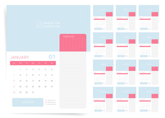Calendar 2024, Set Wall Calendar Template Design with Place for Photo. Week Starts on Sunday. Set of 12 Months.
