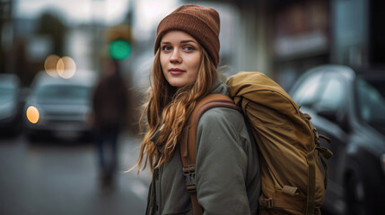 Fototapeta premium Young woman with a backpack does a trip - close-up people photography - made with Generative AI tools