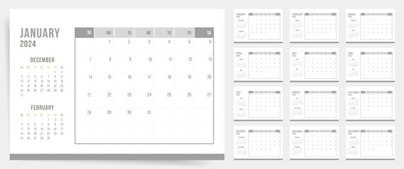 Calendar 2024, Calendar 2024 - Week Starts Sunday. Gray Minimal Classic 2024 Calendar Planner Template.