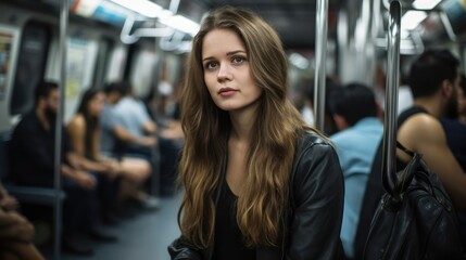 Young beautiful woman with blonde hair travelling in a subway - made with Generative AI tools